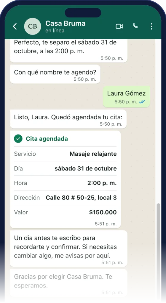 Captura de la demo: el chat de WhatsApp con la tarjeta de cita agendada