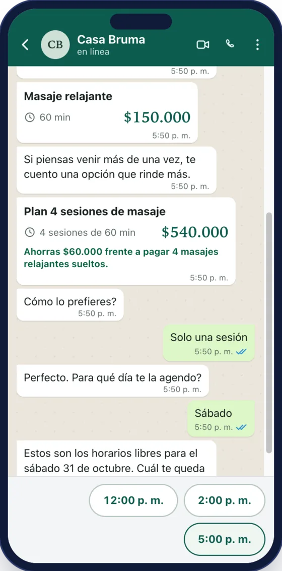 Chat de WhatsApp: el agente ofrece tres horarios libres para elegir
