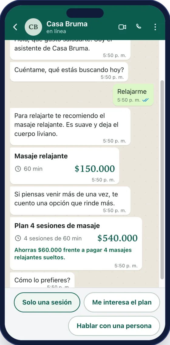 Chat de WhatsApp: el agente recomienda un servicio con su precio y duración