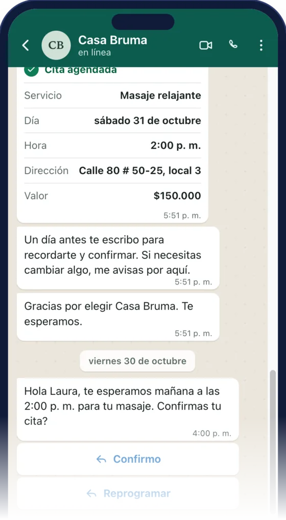 Chat de WhatsApp: el recordatorio del día anterior con los botones Confirmo y Reprogramar