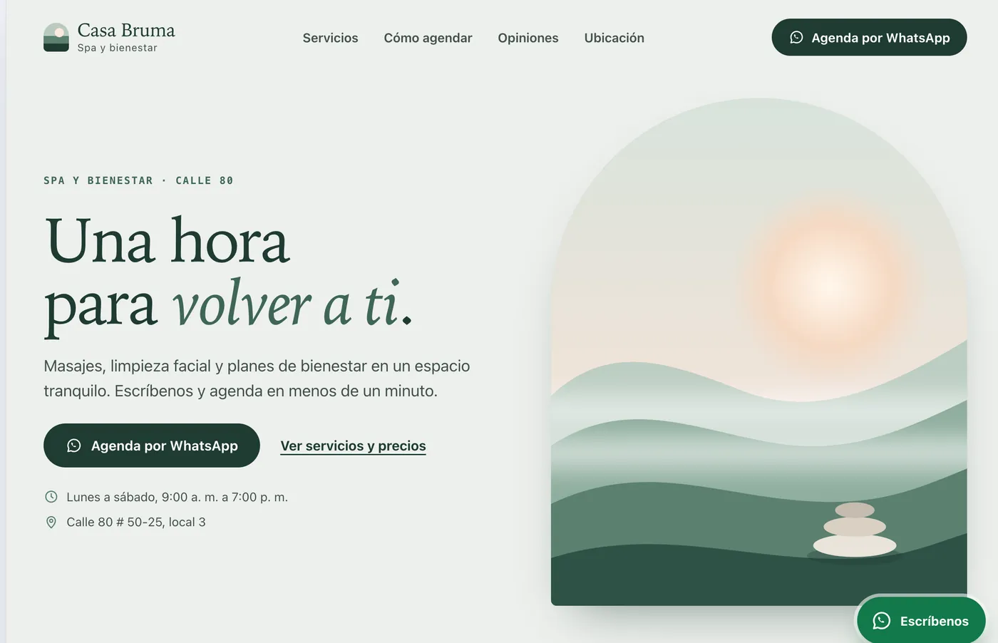 Página web de ejemplo de un spa, con un botón para agendar por WhatsApp